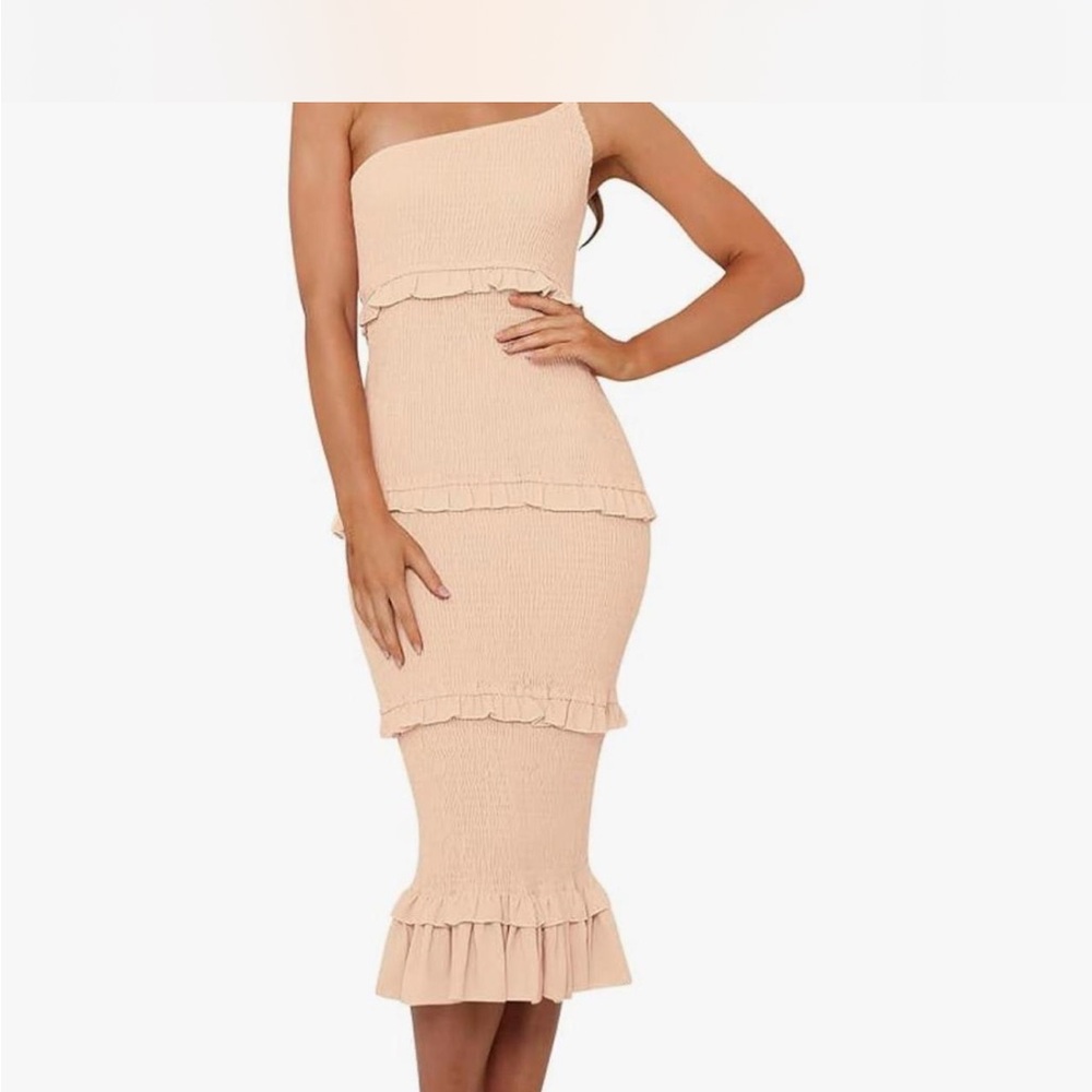 Chic One-Shoulder Tan Dress